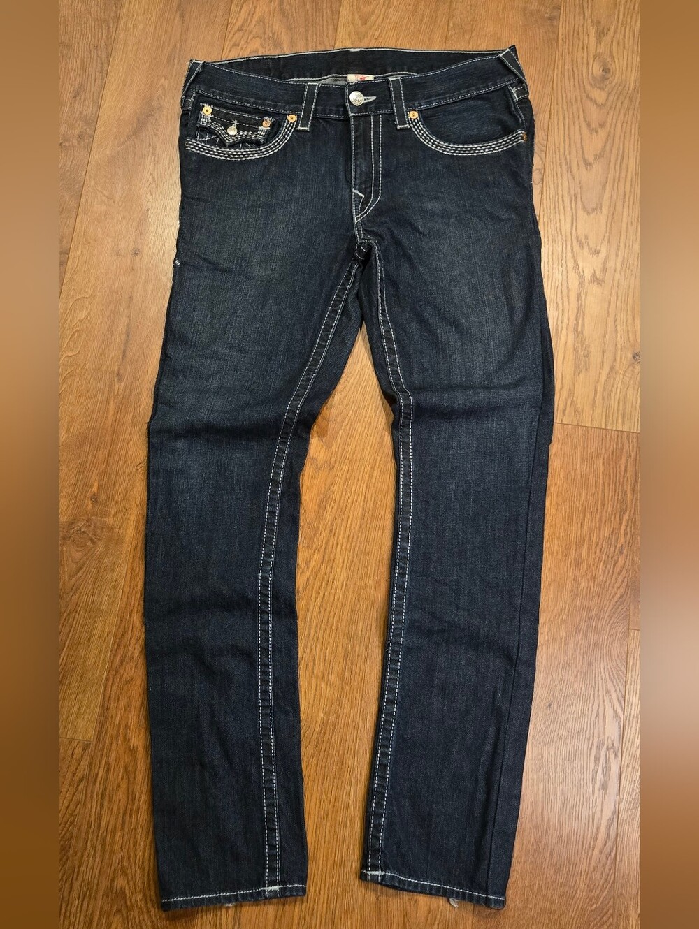 True Religion Ricky Straight Jeans Mens 34x34 Dark Wash Made USA Contrast Stitch